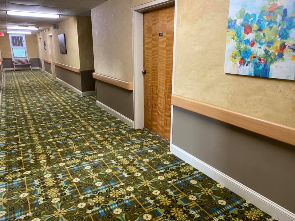A hotel hallway featuring a patterned carpet, wooden door, and colorful artwork on the wall.