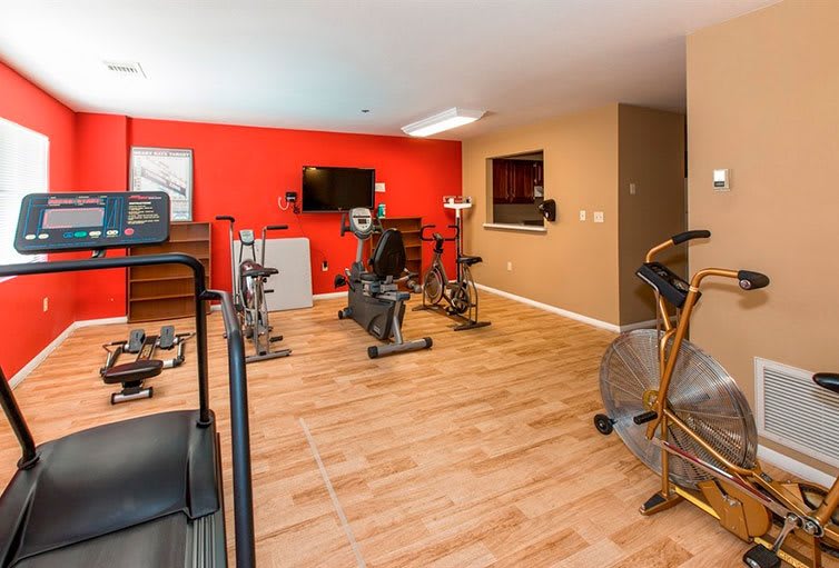 A modern home gym with various exercise equipment including stationary bikes and a treadmill, set against a bold red accent wall.