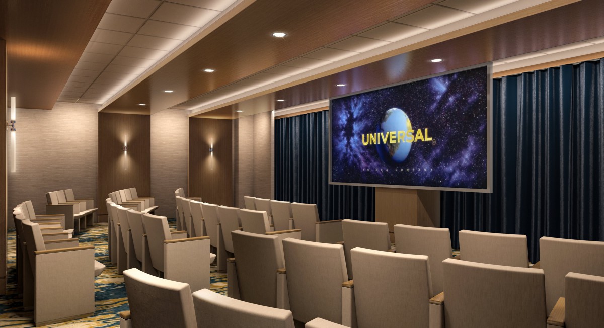 A modern theater room with comfortable seating and a large projection screen displaying the Universal logo.