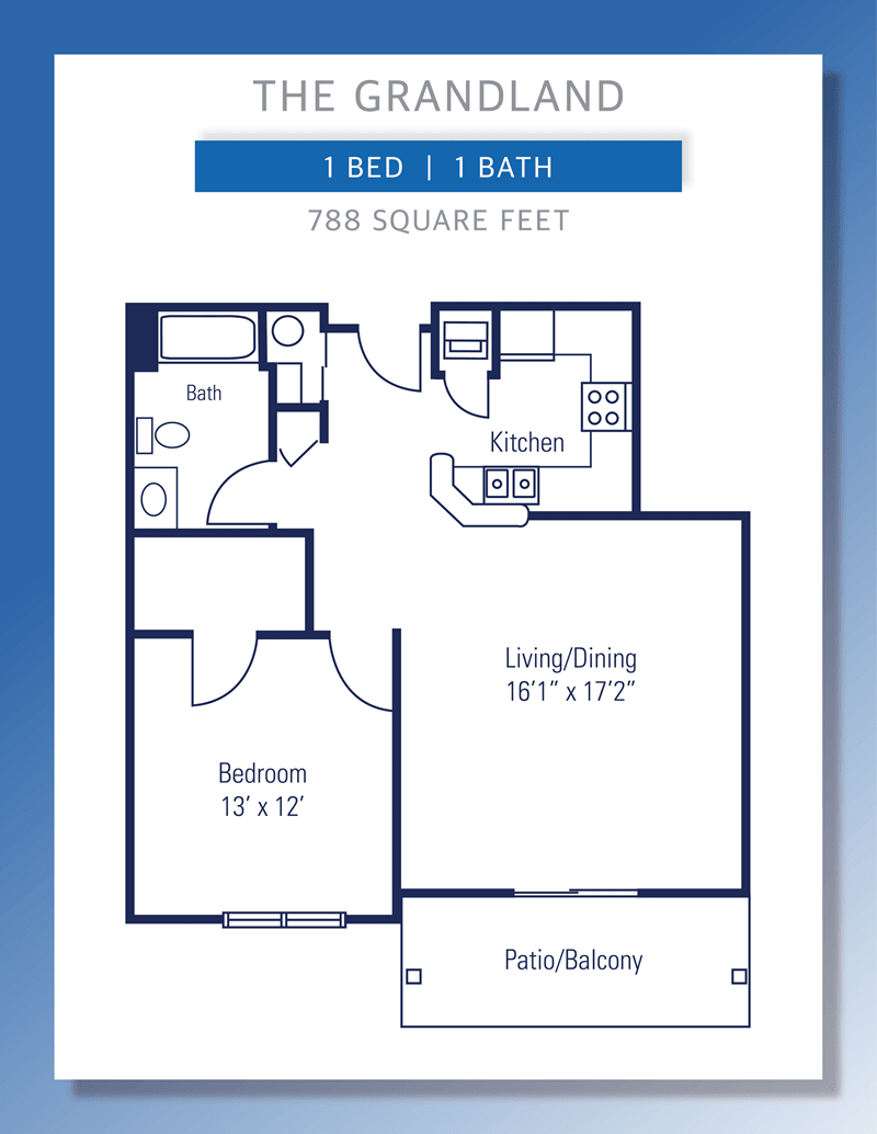 A floor plan for a 700 square foot apartment with 1 bedroom and 1 bathroom.