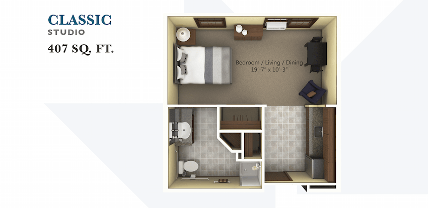 A floor plan of a one-bedroom apartment with labeled areas including a bathroom, kitchen, living room, and bedroom.