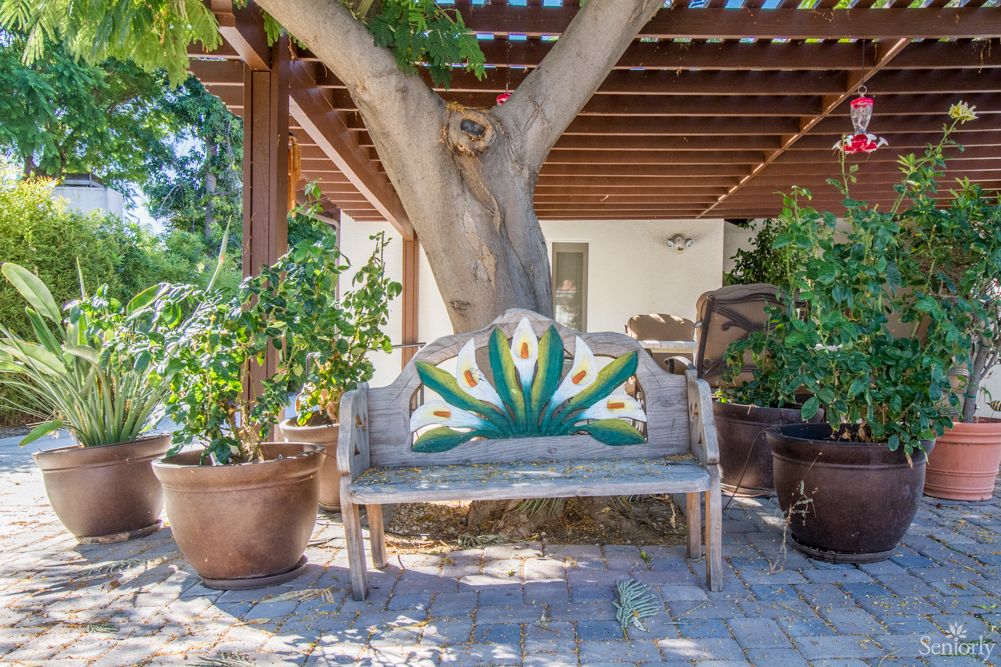 A rustic wooden bench with colorful decorative backrest under a tree on a patio.
