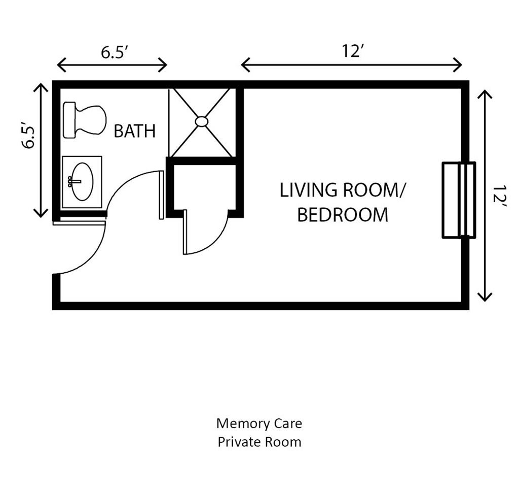 Floor plan of a memory care private room with a living/bedroom and bathroom.