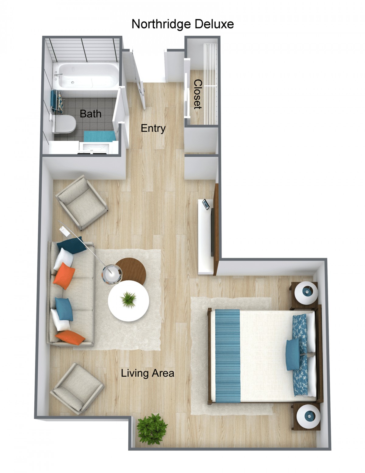 A 3D floor plan of a one-bedroom apartment with a living area, kitchen, and bathroom.