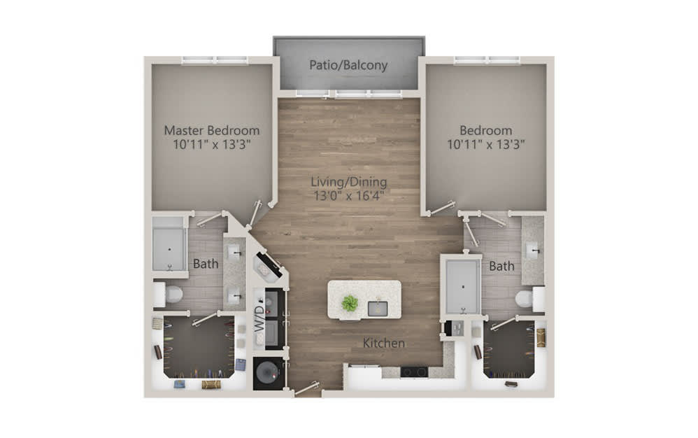 This image is a floor plan of a two-bedroom apartment, featuring a kitchen, living room, two bathrooms, and a patio balcony.