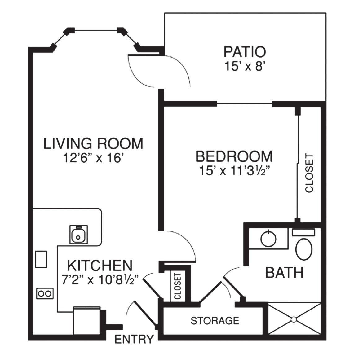 A floor plan of a one-bedroom apartment including a living room, kitchen, bedroom, bathroom, and patio.