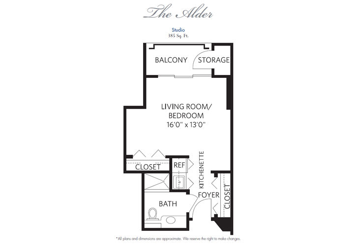 Studio apartment floor plan layout featuring living room, bedroom, kitchen, bathroom, and balcony.