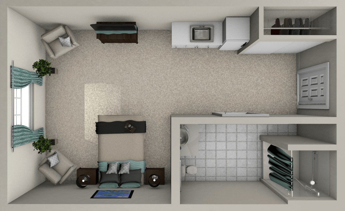 A top-down view of a compact studio apartment layout featuring a bedroom, kitchen area, and bathroom.
