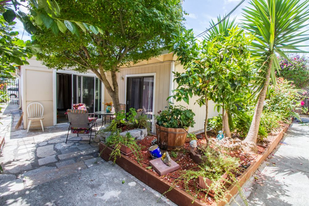 A charming patio area with lush greenery and outdoor seating next to a house.