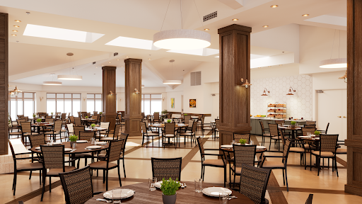 A modern restaurant interior featuring a spacious dining area with elegant wooden furniture and bright lighting.