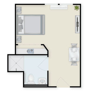 A floor plan layout of a studio apartment featuring a bedroom, living area, and bathroom.