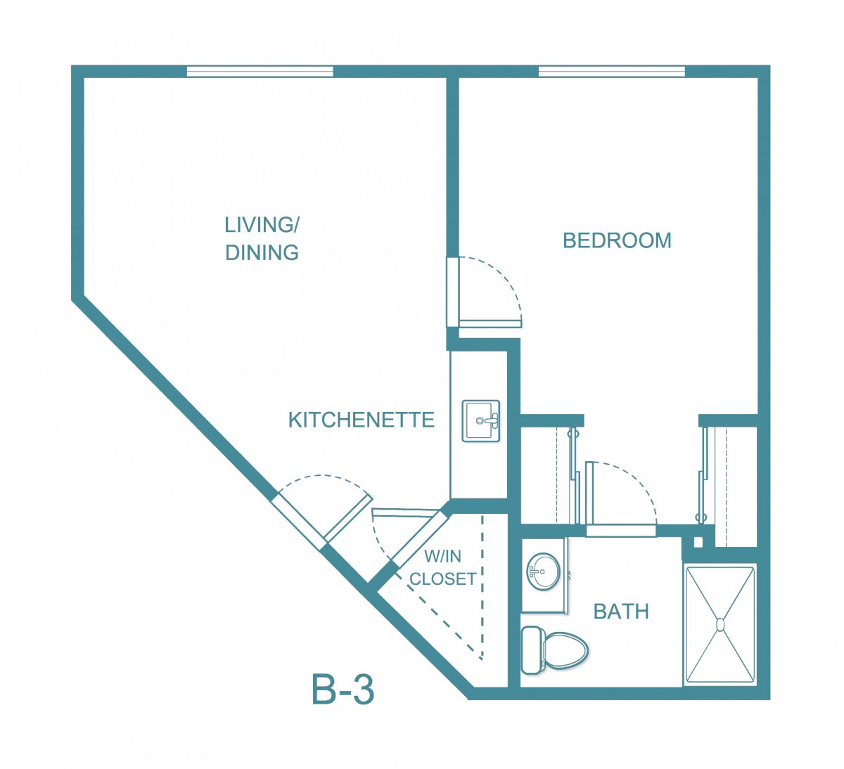 Blueprint of a studio apartment featuring a kitchenette, living area, bedroom, and bathroom.