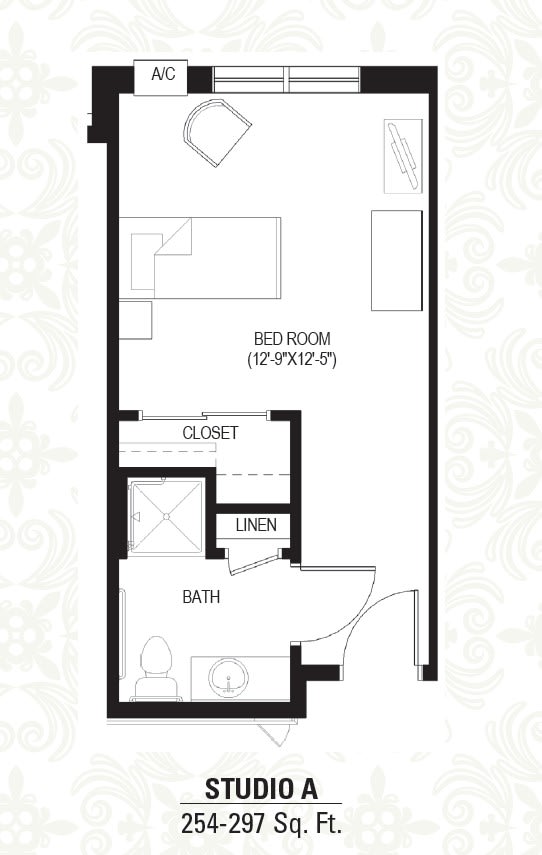 Studio apartment floor plan with bedroom, closet, and bathroom layout.