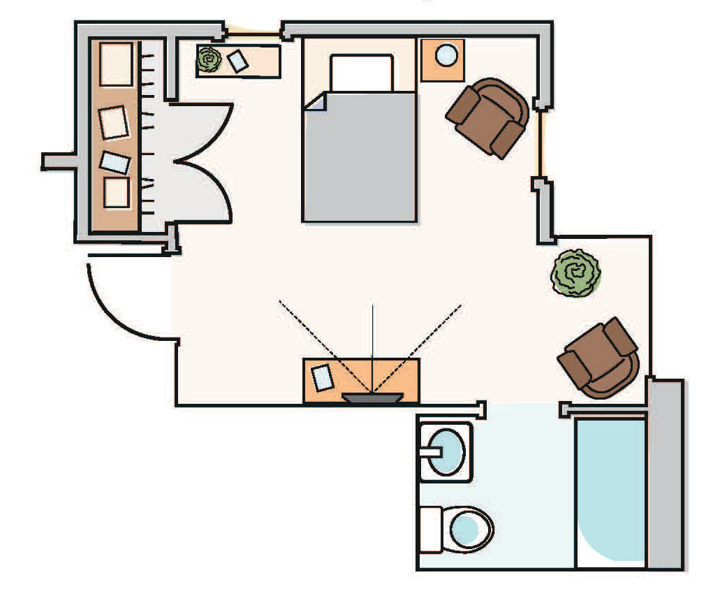 A floor plan of a small apartment with one bedroom, living area, kitchen, and bathroom.