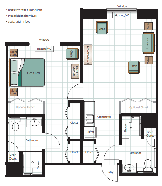 A floor plan of an apartment featuring a bedroom, bathroom, kitchen, and living room.