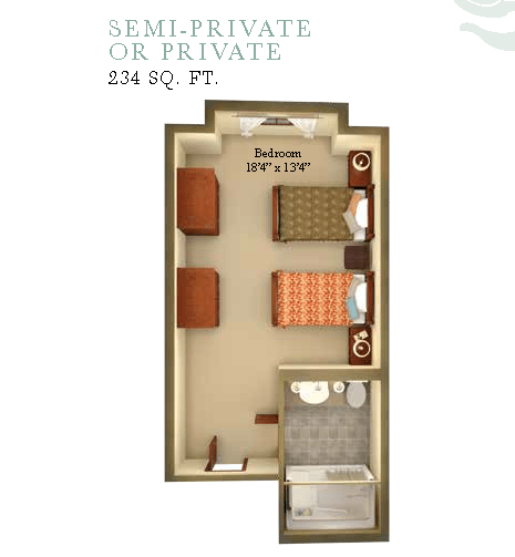 A floor plan depicting a semi-private or private room with two beds and a bathroom.