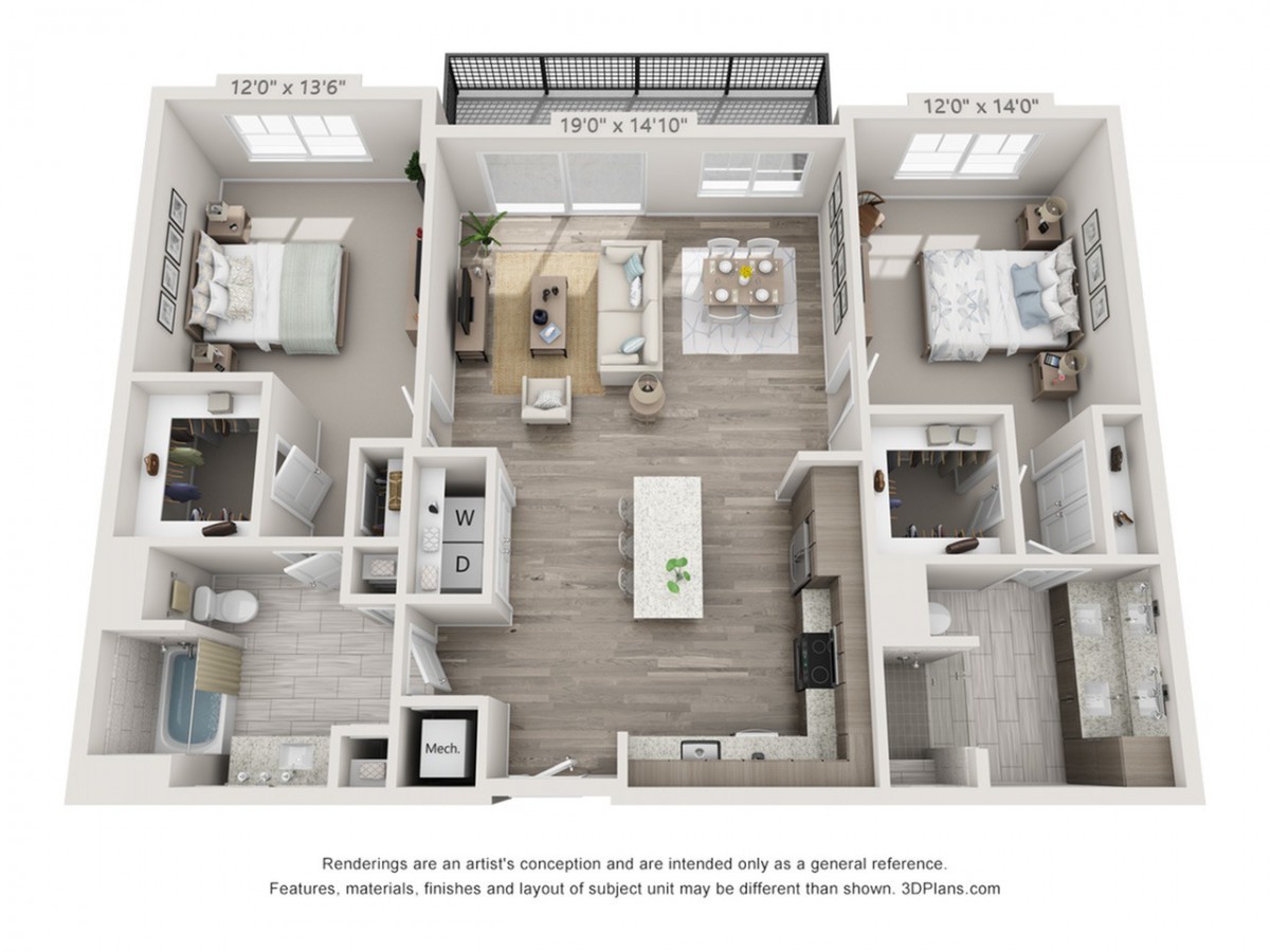 A detailed floor plan of a modern two-bedroom apartment with furniture placement and open living spaces.
