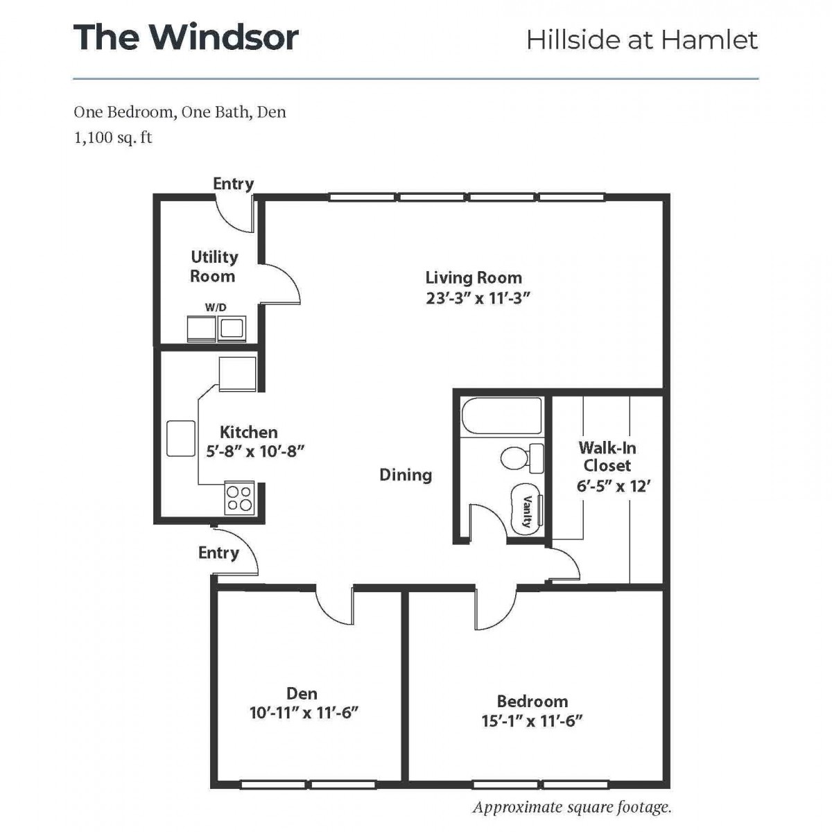 The Windsor floor plan featuring a two-bedroom apartment with detailed dimensions and room layout.