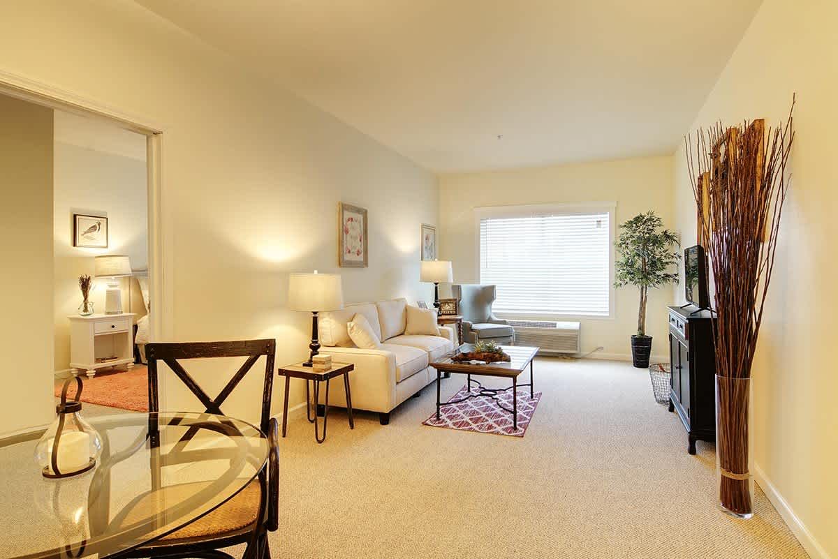 A cozy, well-lit living room with comfortable furniture and a large window.