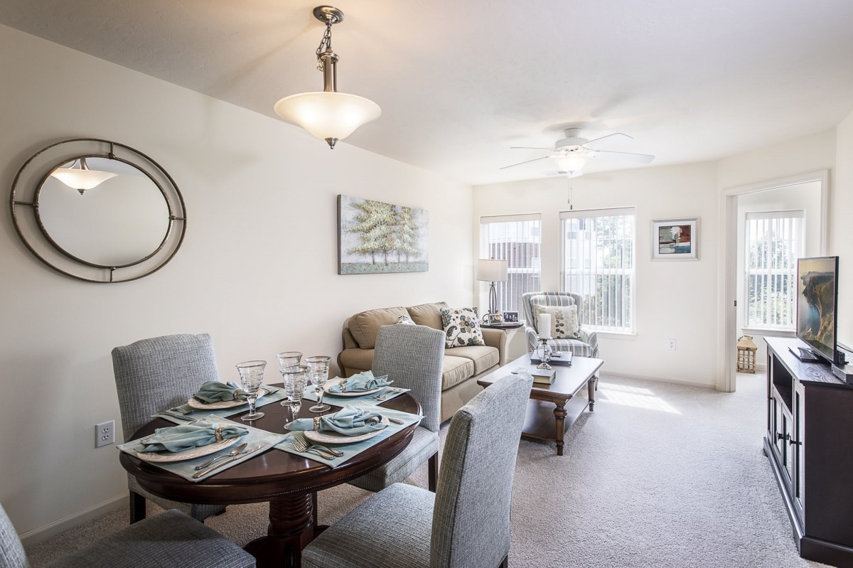 A cozy living and dining area featuring a well-set dining table, comfortable seating, and tasteful decor.