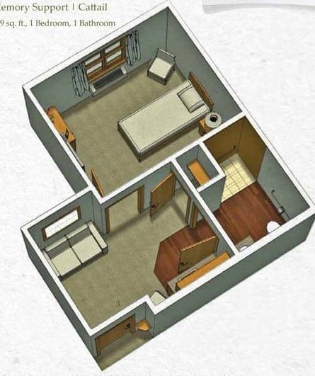A 3D rendered floor plan of a small one-bedroom apartment, showing the layout with a bedroom, living area, and bathroom.