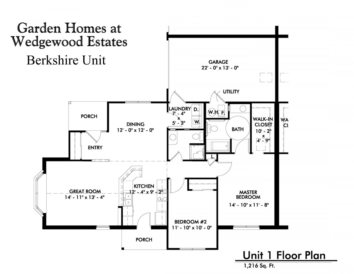 Floor plan of the Berkshire Unit at Hidden Homes in Ridgewood Estates, showing a detailed layout of rooms and dimensions.