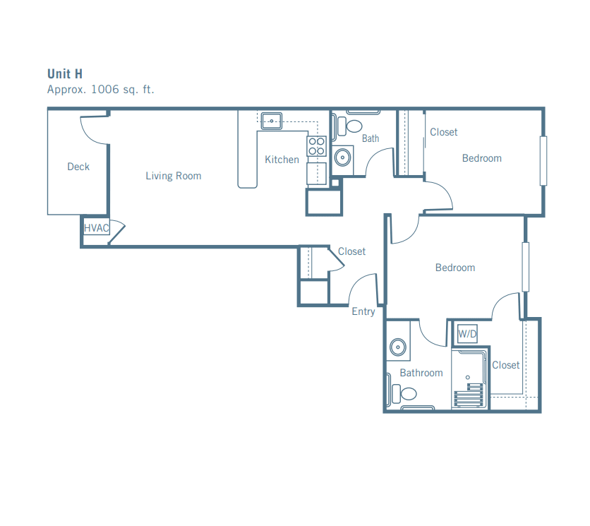 A two-bedroom apartment floor plan with a kitchen, living room, and two bathrooms.