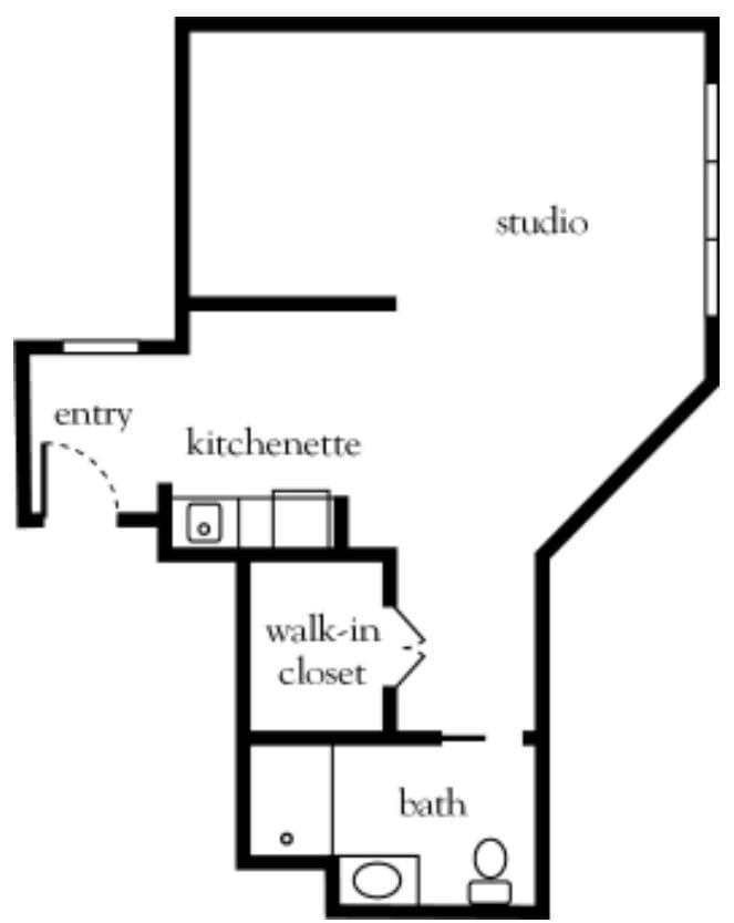 A floor plan of a studio apartment featuring an entry, kitchenette, walk-in closet, bath, and studio area.