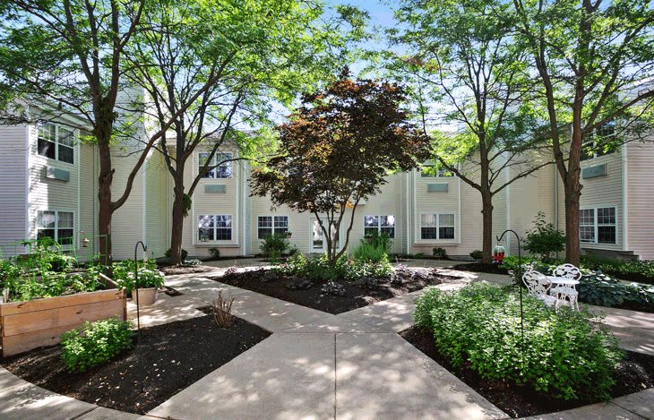 A beautifully landscaped courtyard with pathways, surrounded by trees and bushes, leading to a building exterior.