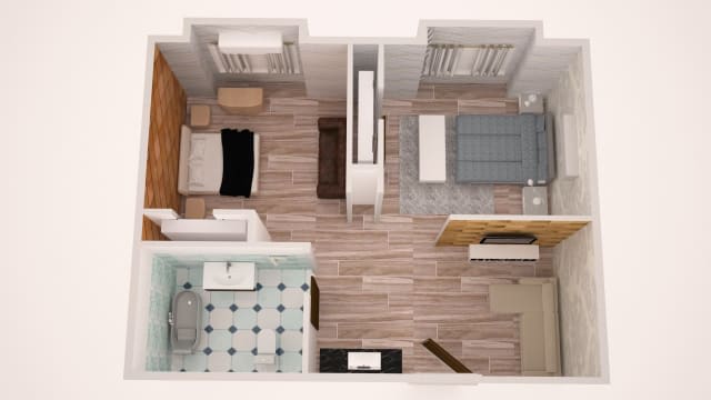 A detailed floor plan of a compact apartment featuring a bedroom, bathroom, and living area.