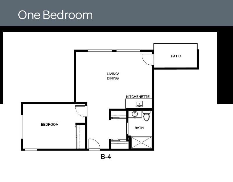 Floor plan of a one-bedroom apartment featuring a living/dining area, kitchen, bathroom, and balcony.