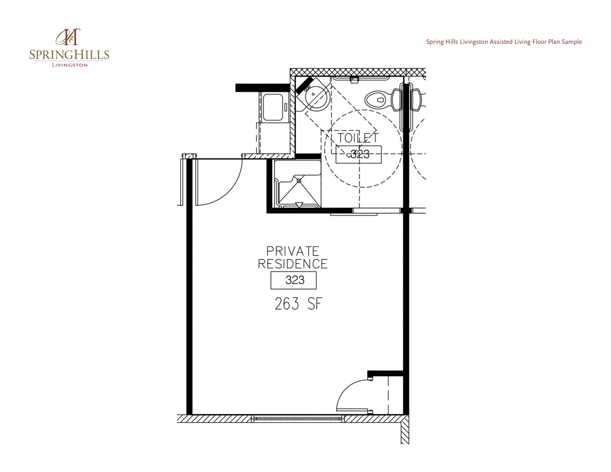 A floor plan of a studio apartment featuring a private residence area and bathroom.