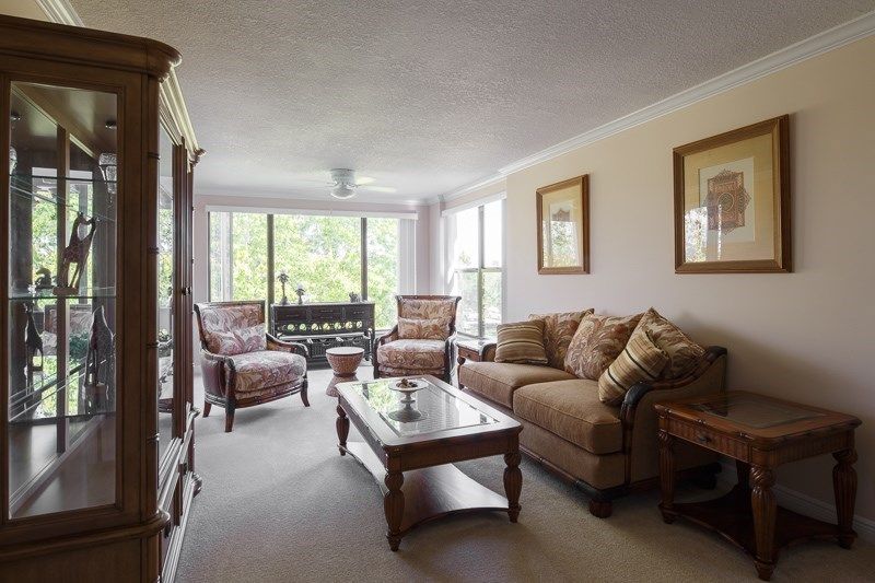 A cozy living room with a sofa, armchairs, and a coffee table, illuminated by natural light from large windows.