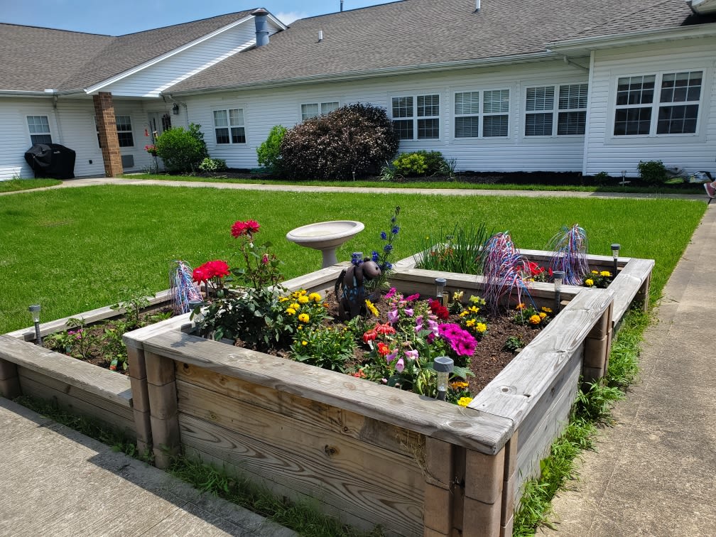 A vibrant garden with a variety of flowers in raised wooden beds outside a building.