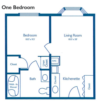 One-bedroom apartment floor plan with living room, kitchen, and bathroom.