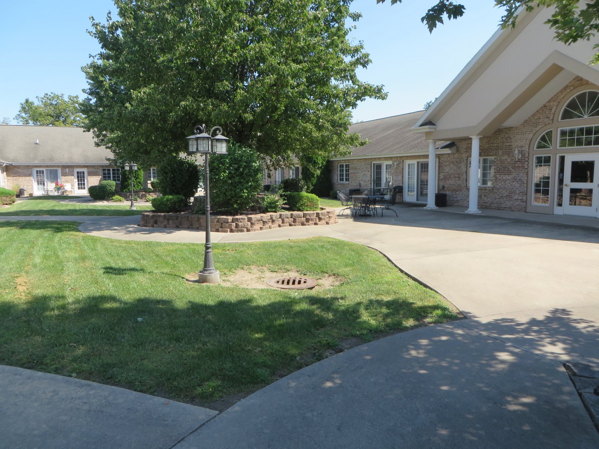 A serene courtyard with a tree, lamp post, and surrounding buildings.