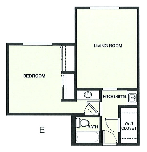 A floor plan of a one-bedroom apartment featuring a living room, bathroom, kitchenette, and walk-in closet.