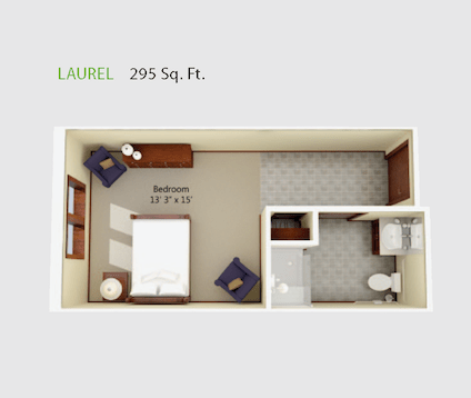 A floor plan of a 295 sq. ft. studio apartment layout.