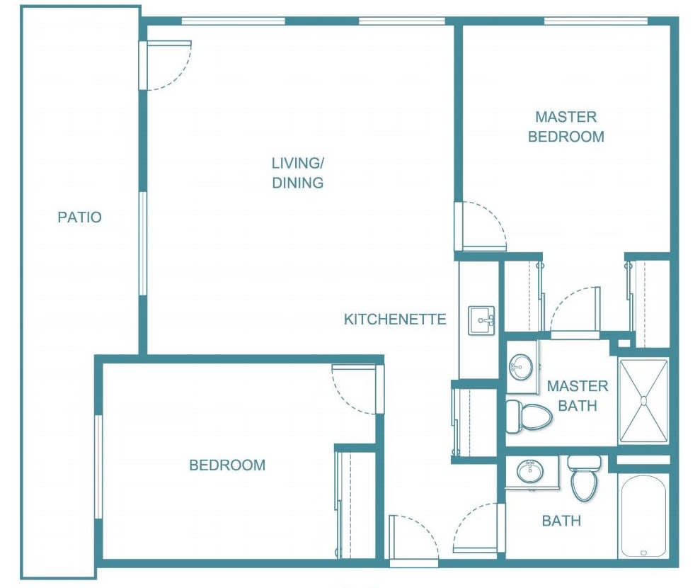 A floor plan depicting a two-bedroom house with a living/dining area, kitchen, bathroom, and patio.