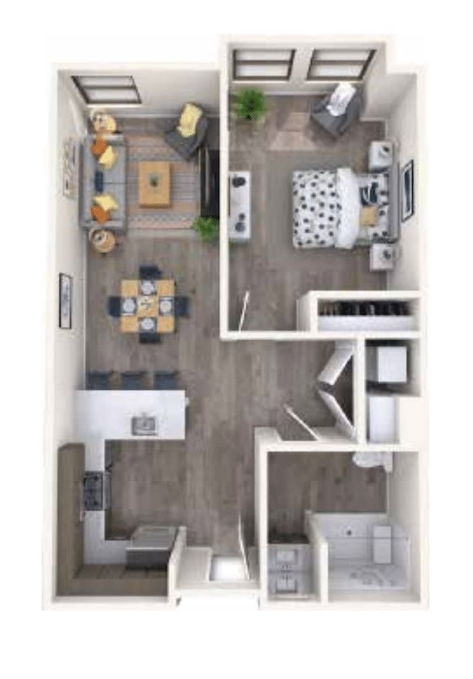 A modern one-bedroom apartment floor plan with a living room, kitchen, dining area, and bathroom.
