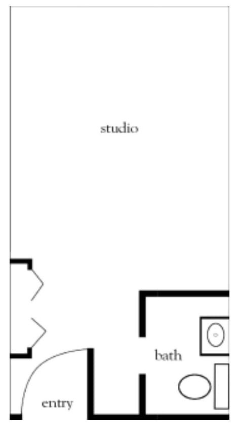 A simple floor plan of a studio apartment layout.