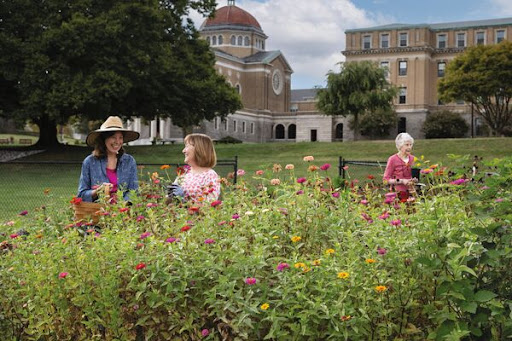 A peaceful afternoon in the park where women enjoy the beauty of blooming flowers.