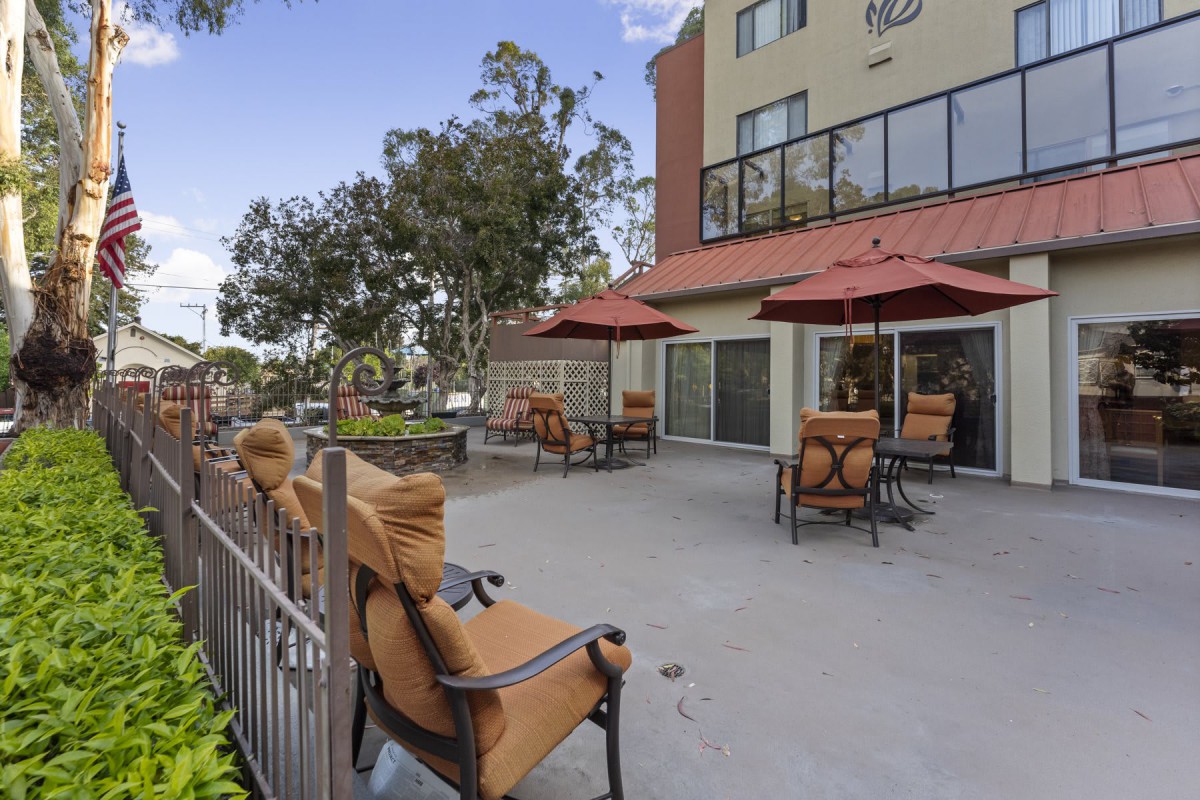 An outdoor patio area with seating and umbrellas next to a building surrounded by trees.