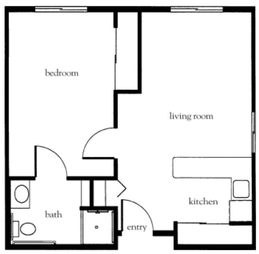 A simple one-bedroom apartment floor plan with living room, kitchen, and bathroom.