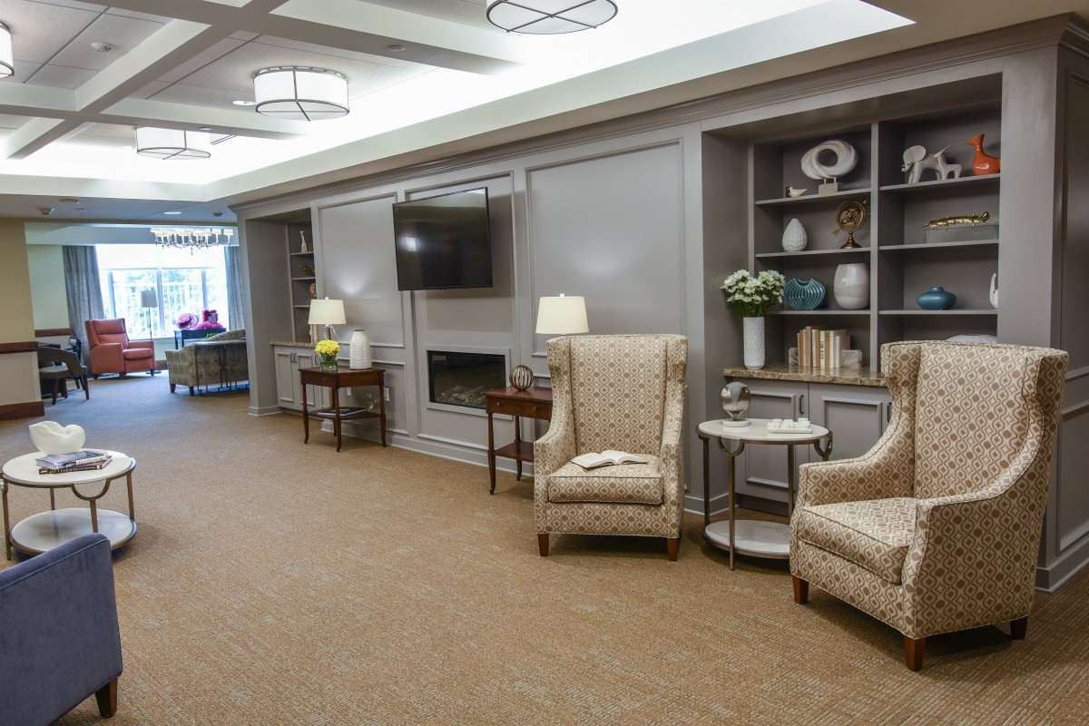 A cozy living room area with plush chairs, bookshelves, and a television.