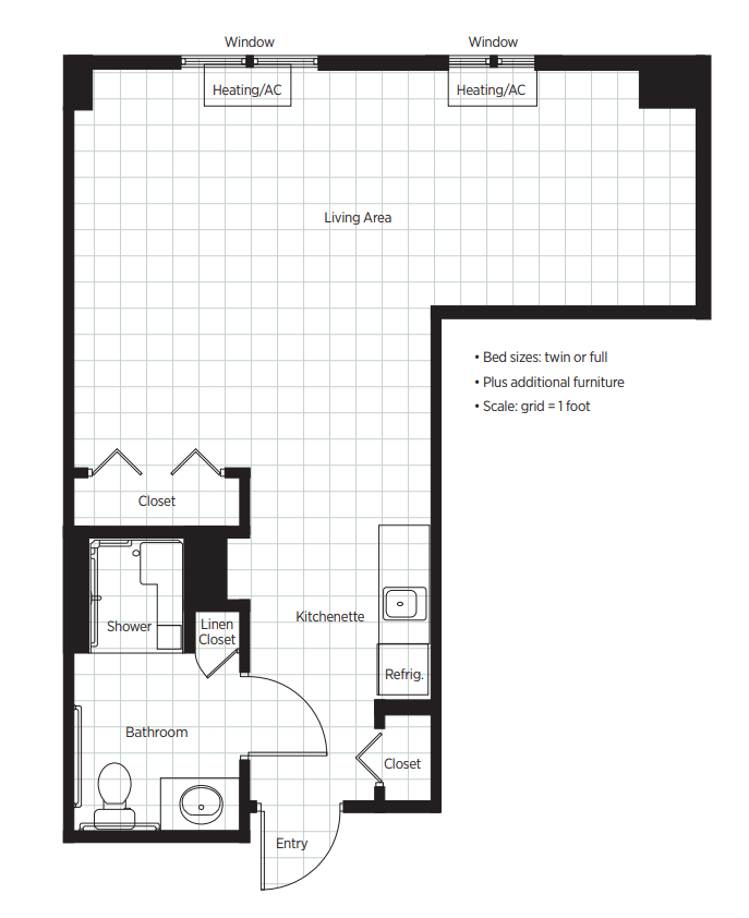 A floor plan of a one-bedroom apartment with labeled areas for living and bedroom spaces.