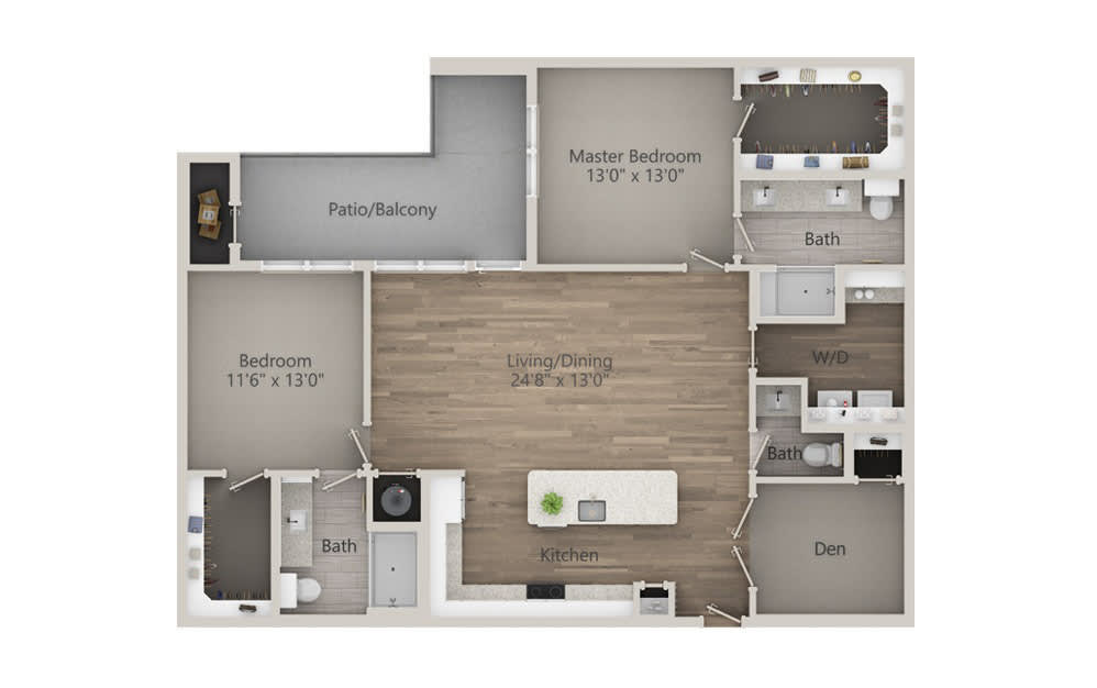 A detailed floor plan of a two-bedroom apartment with an open concept living and kitchen area.