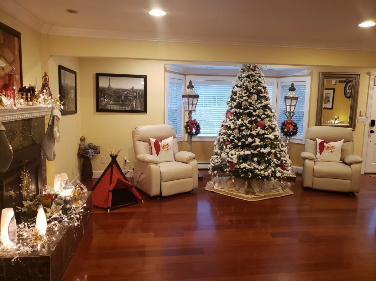 A cozy living room decorated for Christmas with a beautifully adorned tree and festive touches throughout.