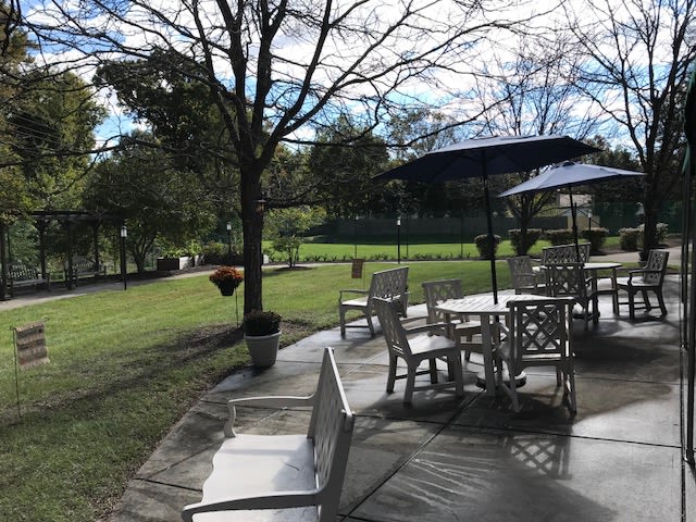 A peaceful outdoor patio area with tables and chairs, surrounded by lush greenery and trees.