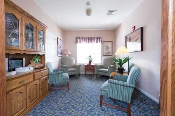 A cozy living room with comfortable chairs and a cabinet, featuring indoor plants and decorations.